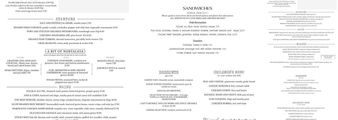 Cock O’ Budworth Menu