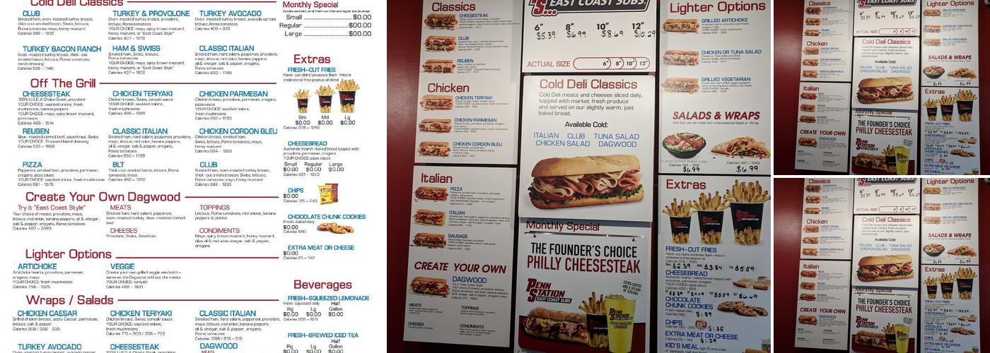 Penn Station East Coast Subs Menu