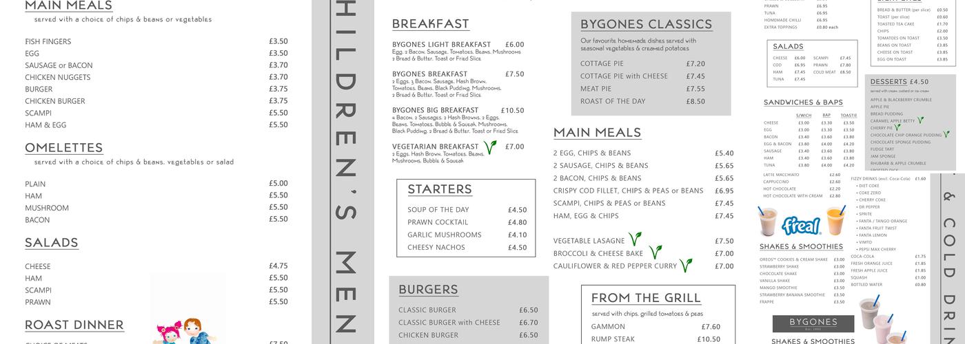 The Bygones Cafe Menu