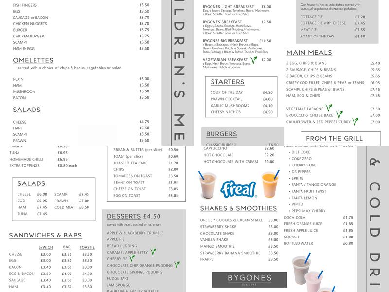 The Bygones Cafe Menu
