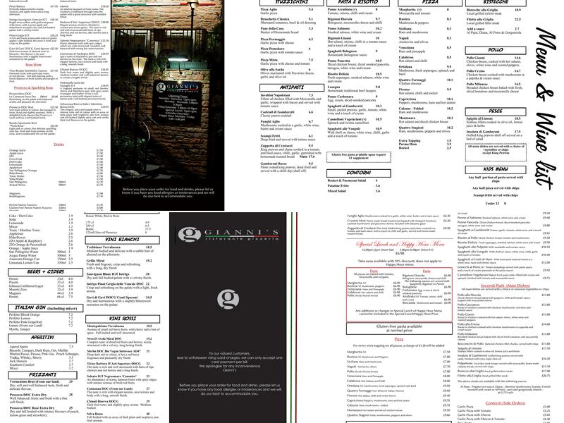 Gianni's Pizzeria Menu