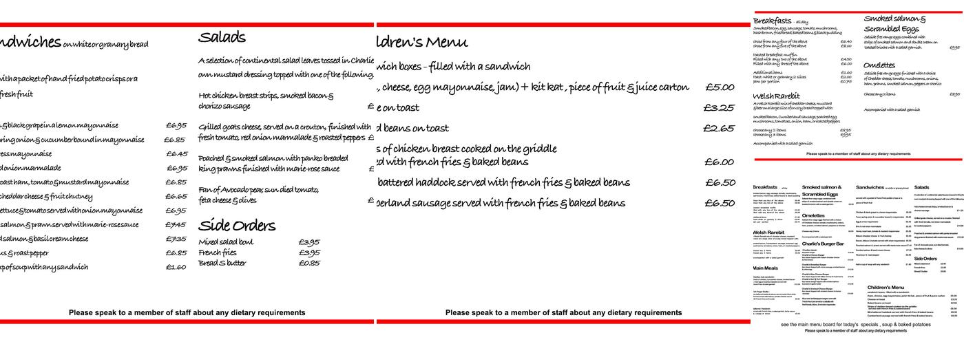 Charlie's Cafe Bar Menu