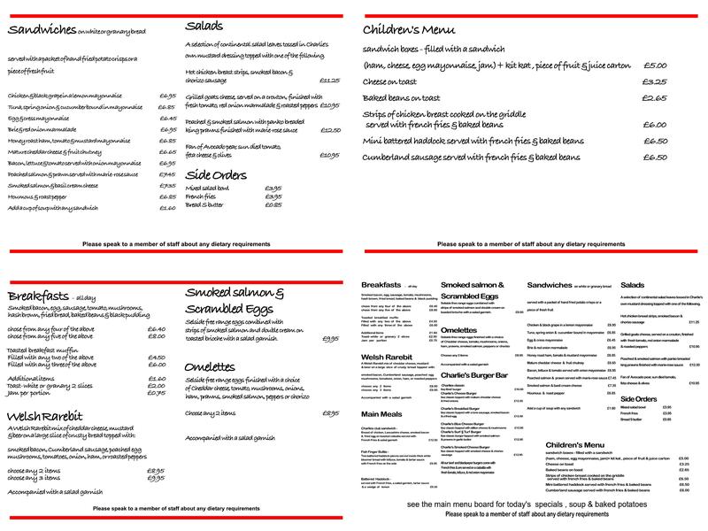 Charlie's Cafe Bar Menu