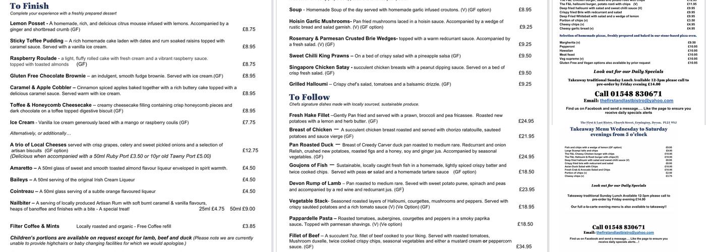 The First & Last Bistro Menu