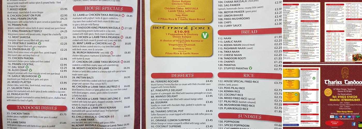 Thariks Tandoori Menu