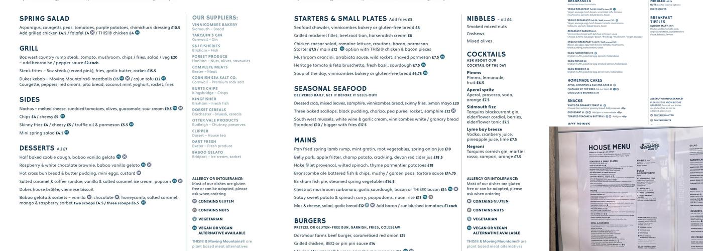 Dukes Inn Sidmouth Menu