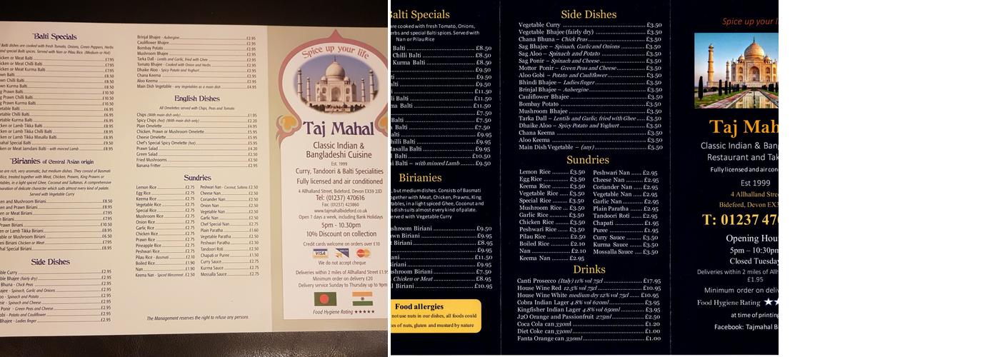 Taj Mahal Menu