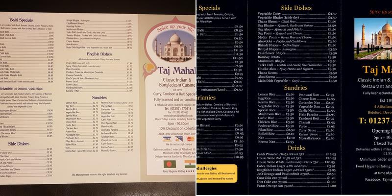 Taj Mahal Menu