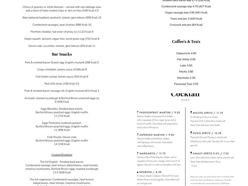 The Grove, Exmouth Menu
