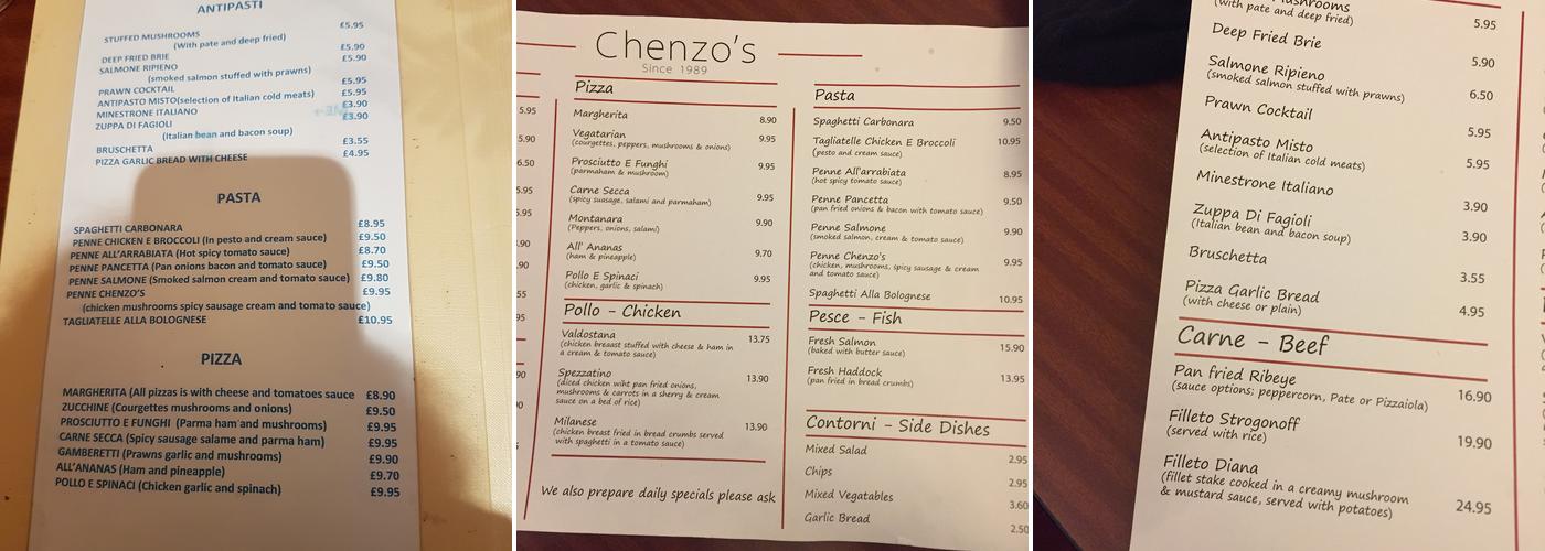 Chenzo's Restaurant Menu