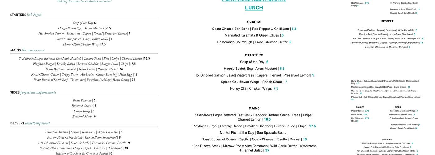 Playfair's Restaurant Menu