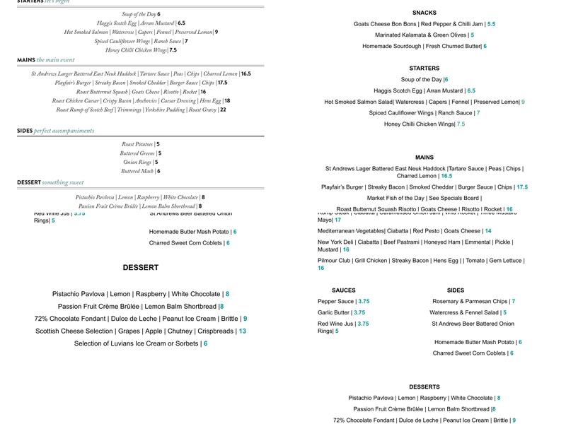 Playfair's Restaurant Menu