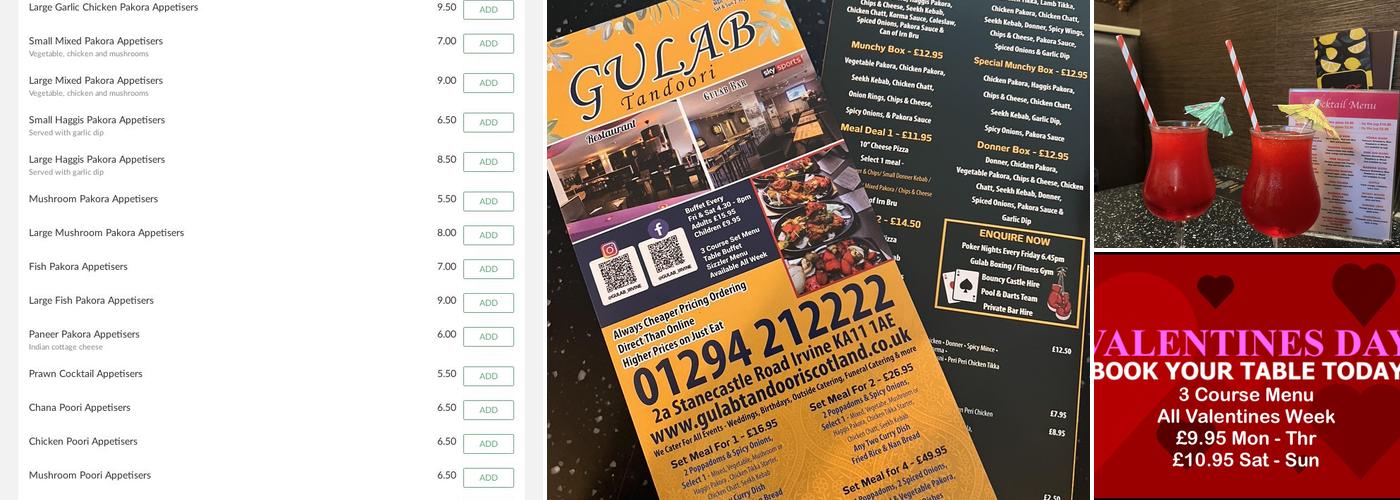 Gulab Tandoori Indian Restaurant, Bar & Takeaway Scotland Menu