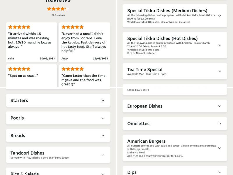 Sohrab Takeaway Menu