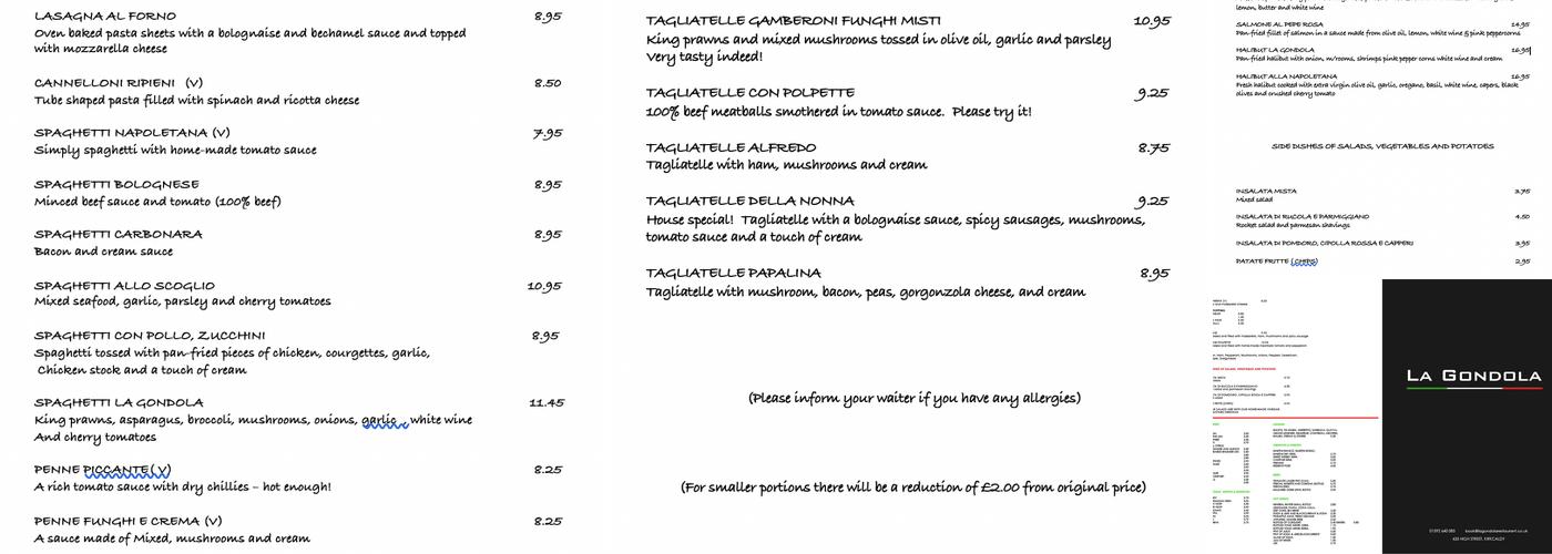 La Gondola Menu