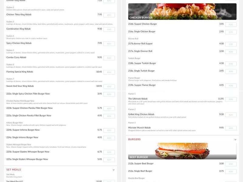 Sizzlers Kirkcaldy Menu