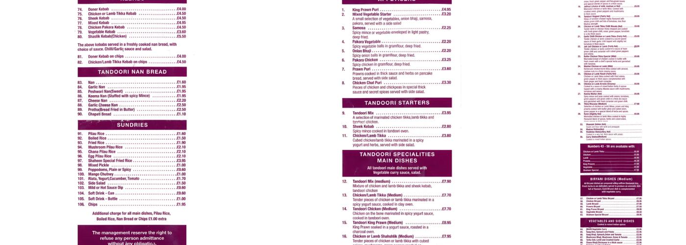 Shaheen Tandoori Indian Menu