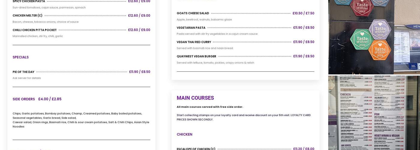 Quaywest Wine Bar & Restaurant Menu