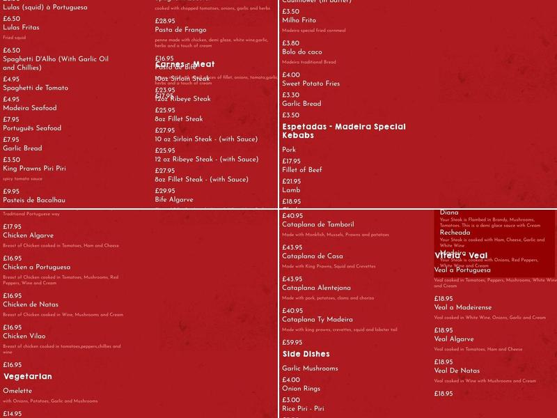 Madeira Restaurante Swansea Menu