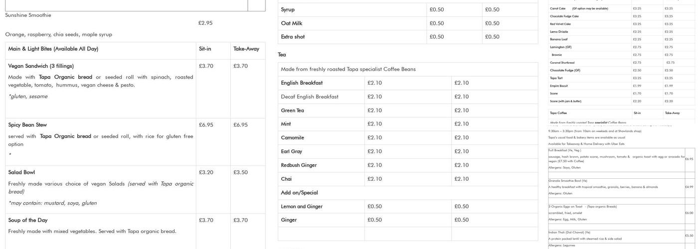 Tapa Coffee & Bakehouse - Tapa Organic Menu