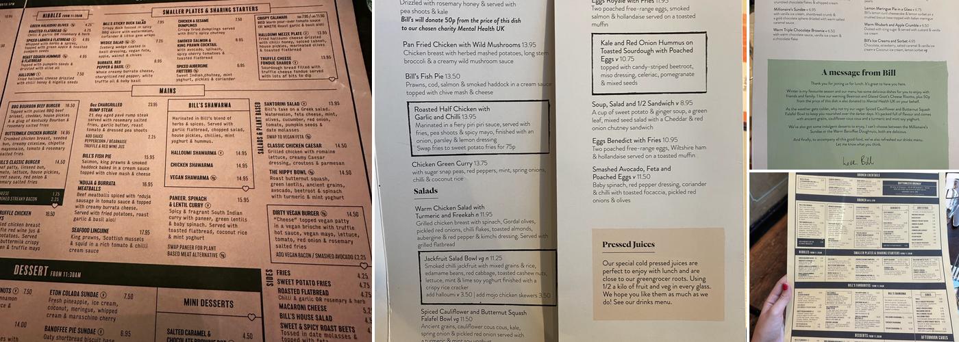 Bill's Victoria Restaurant Menu