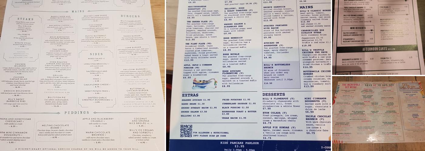 Bill's Chichester Restaurant Menu