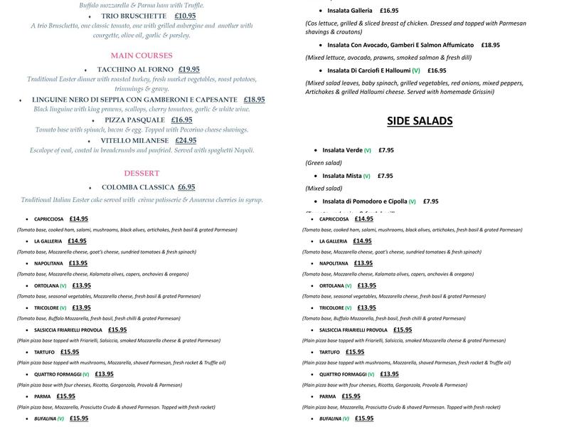 La Galleria Restaurant Menu