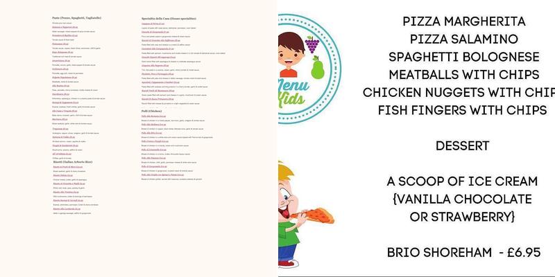 Brio Shoreham Italian Restaurant & Pizzeria Menu