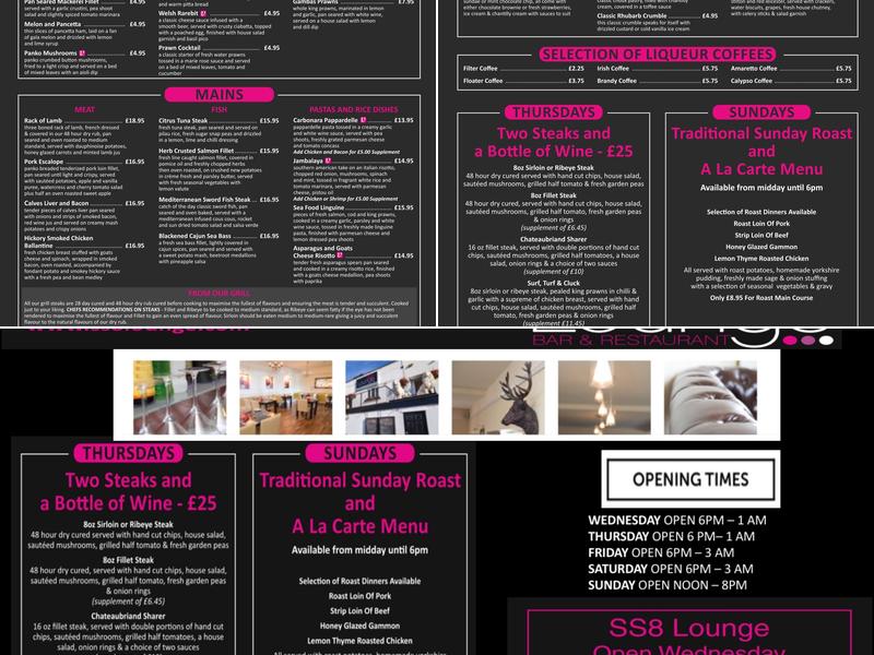 S S 8 Lounge Bar & Restaurant Menu