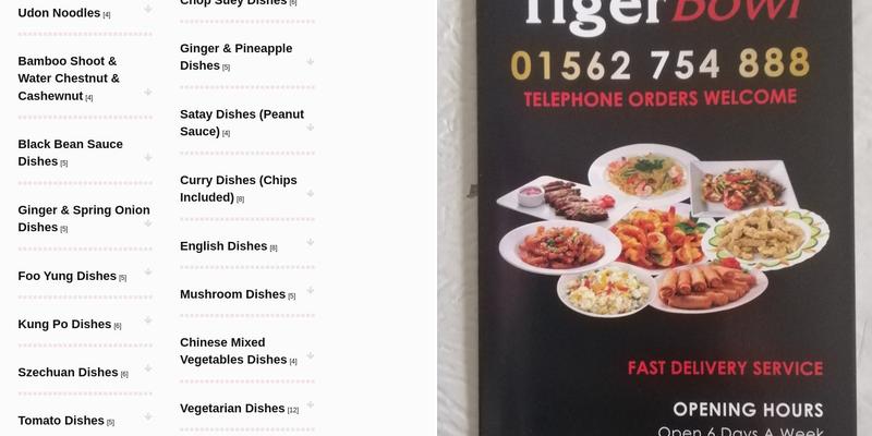 Tiger Bowl Chinese Takeaway Menu