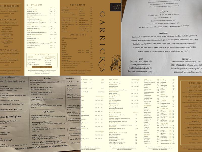 Garrick's Head Menu