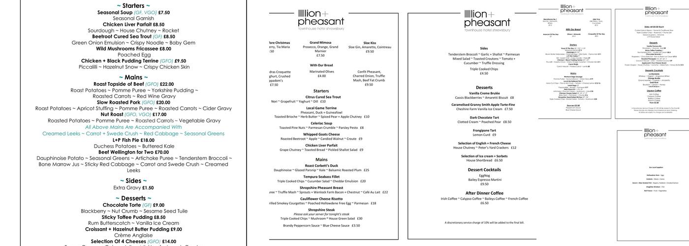 Lion + Pheasant Hotel Menu