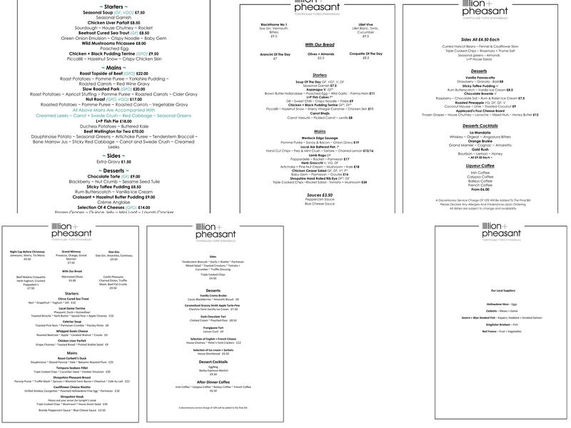 Lion + Pheasant Hotel Menu