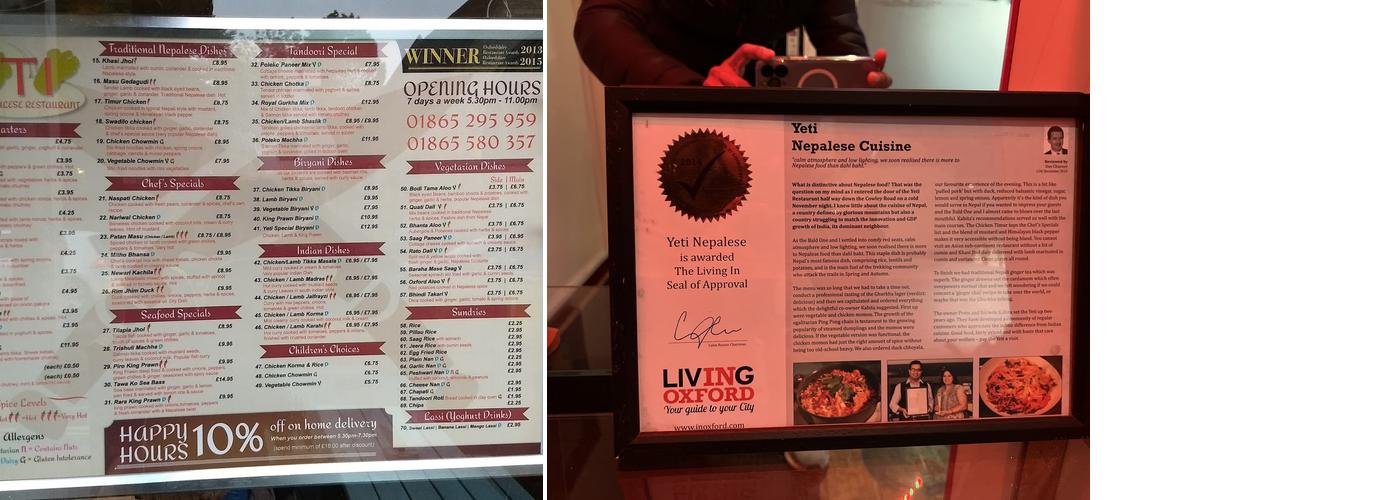 Yeti Fine Nepalese Dining, Oxford Menu