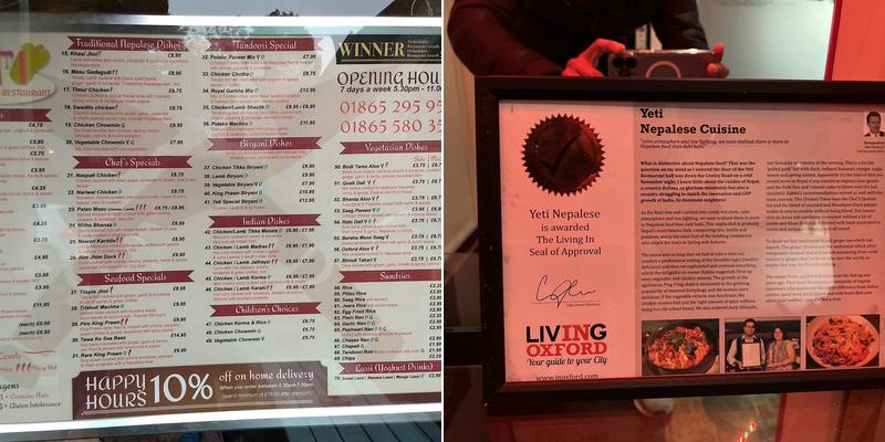 Yeti Fine Nepalese Dining, Oxford Menu