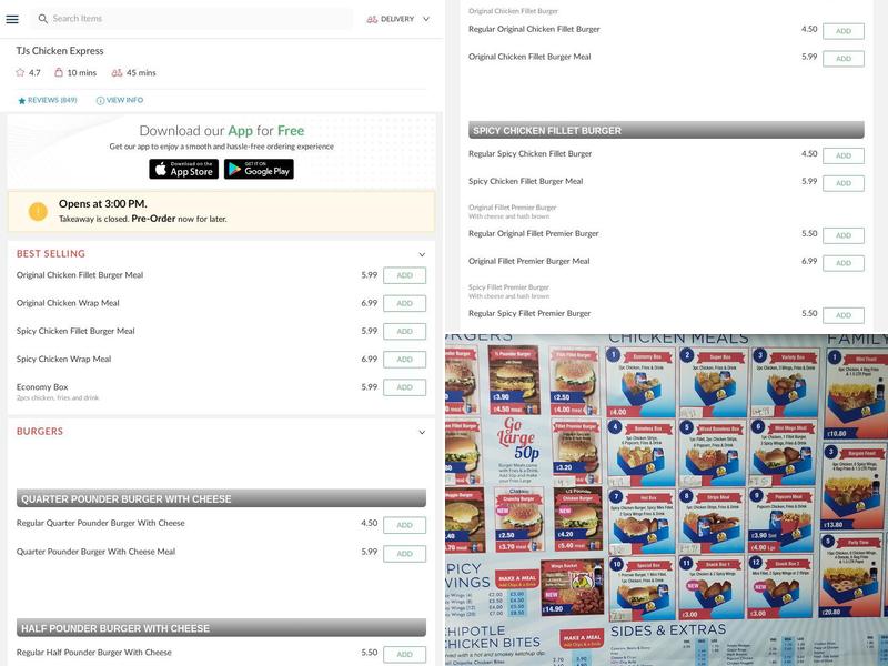 TJ's Chicken Xpress Menu