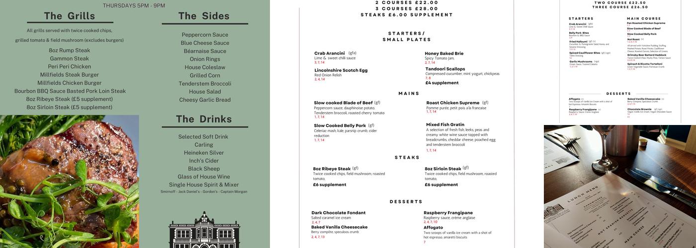 Millfields Hotel Menu
