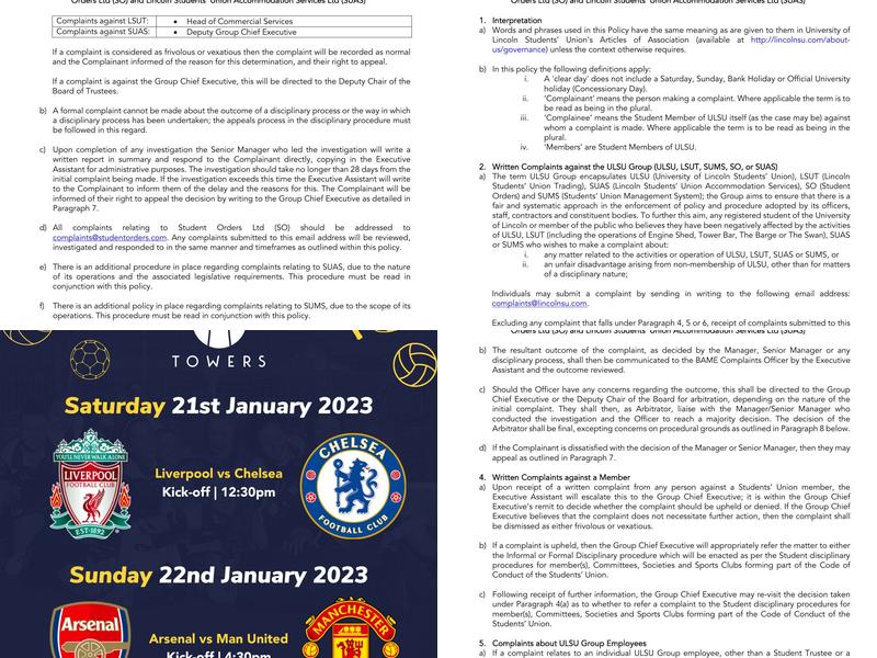 Towers - Students' Union Bar Menu