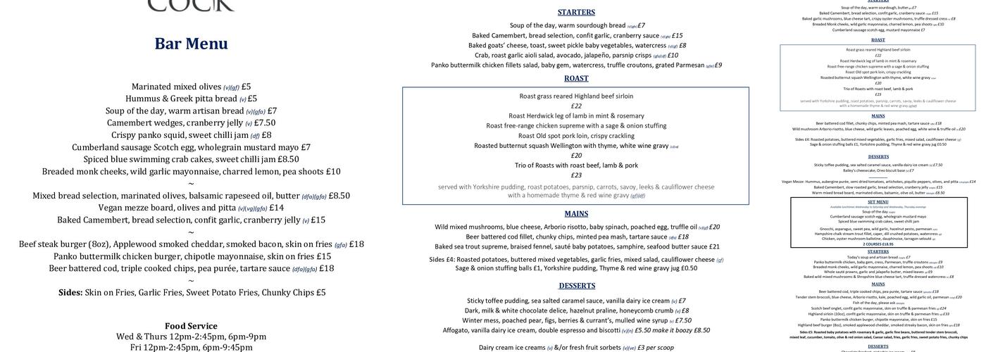 The Cock Inn Menu
