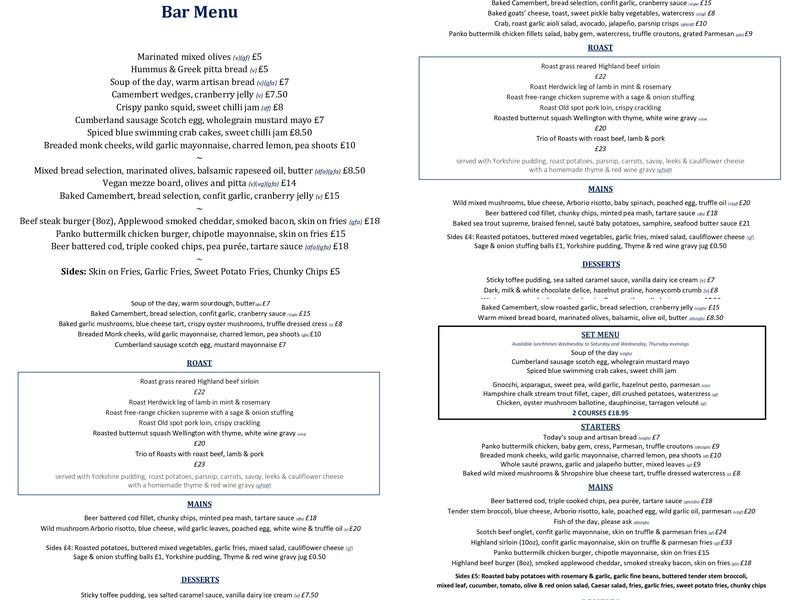 The Cock Inn Menu