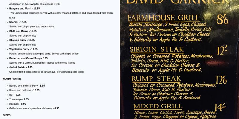 The Lichfield Vaults Menu