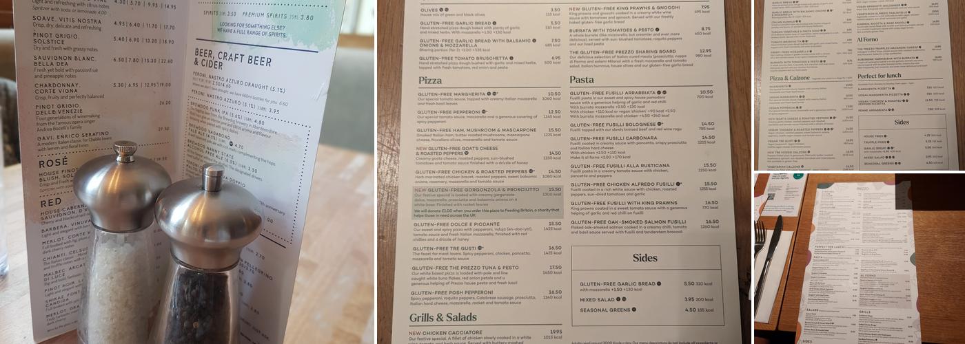 Prezzo Italian Restaurant Cheltenham Brewery Menu