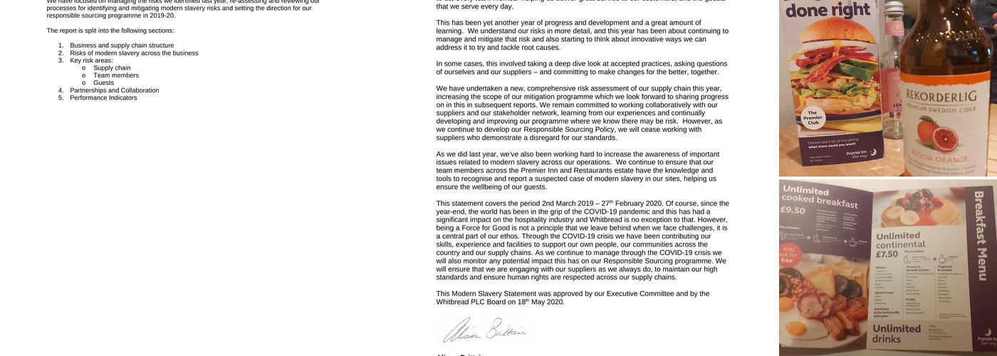 Premier Inn London Edgware hotel Menu