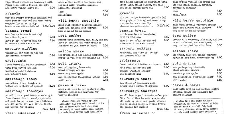Coffee Saloon Menu