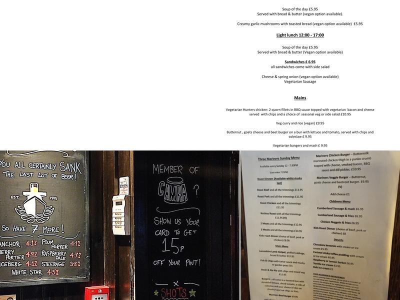 The Three Mariners, Lancaster Menu