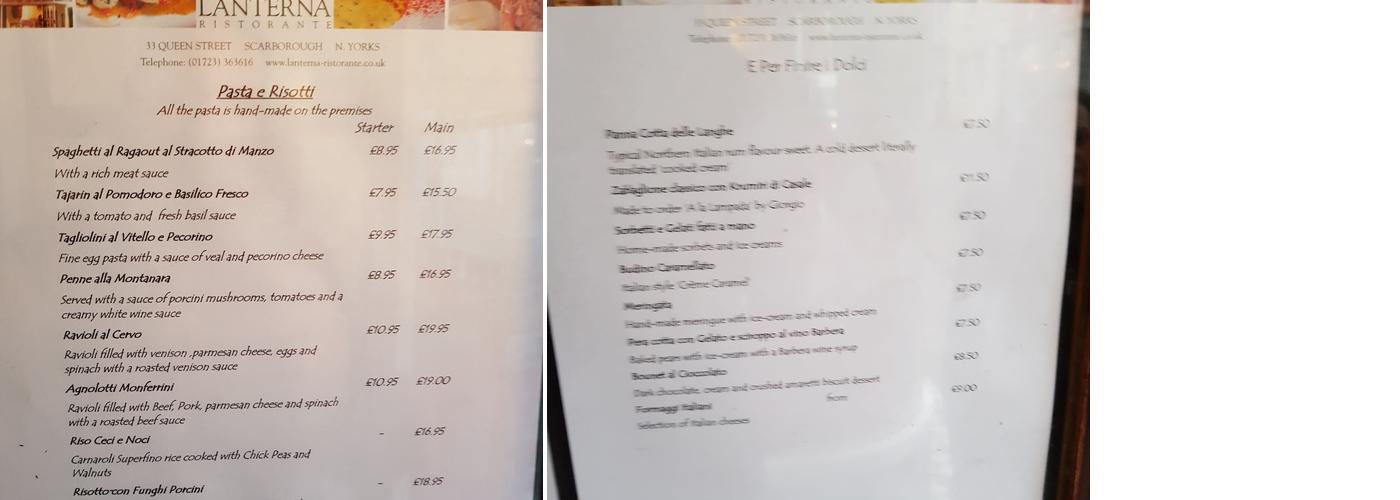 Lanterna Restaurant Menu