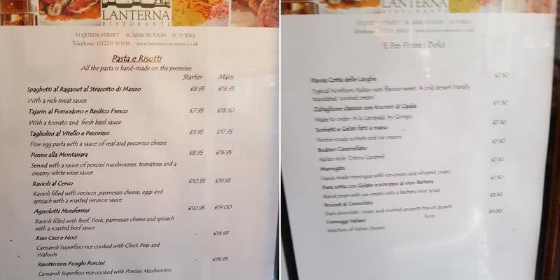 Lanterna Restaurant Menu