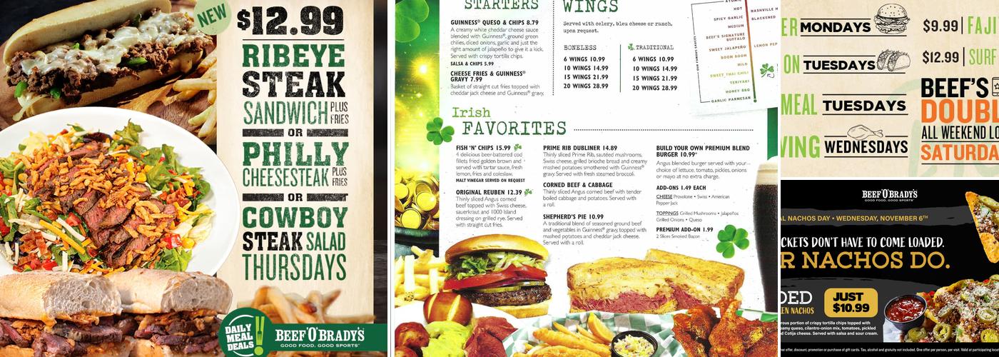 Beef 'O' Brady's Menu