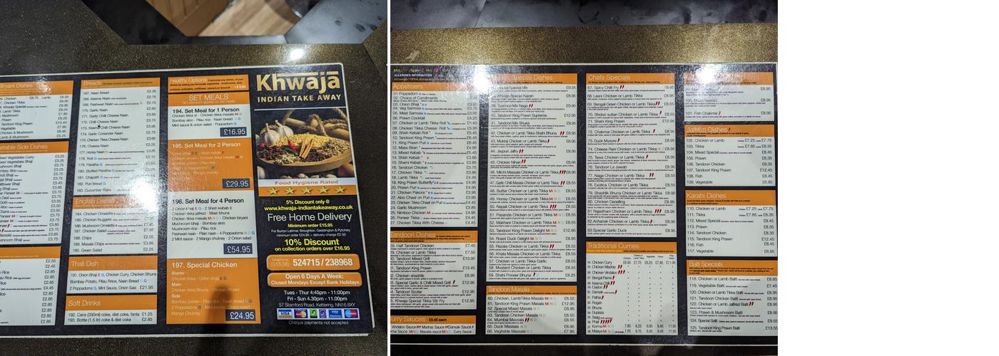 Khwaja Indian Takeaway Menu