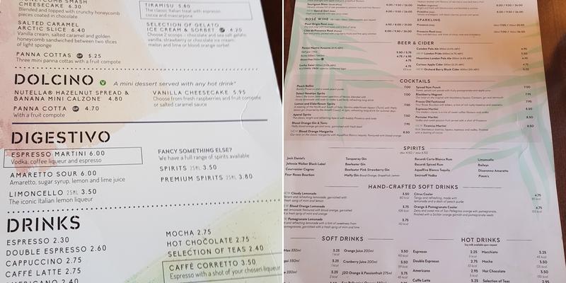 Prezzo Italian Restaurant Plymouth Menu